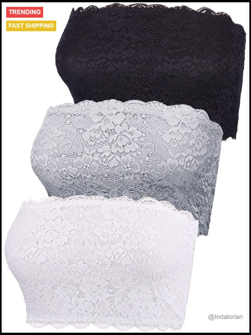 3pc Floral Lace Bandeau Strapless Bras Seamless Stretchy Tube Top